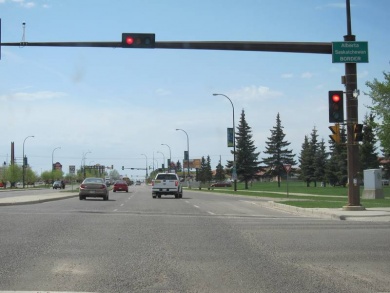 crossing from Saskatchewan into Alberta, at an intersection in Lloydminster