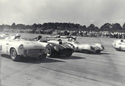 New Smyrna Beach Airport Races, New Smyrna Beach, FL, 1957.
Marvin Panch driving "Battlebird" Thunderbird (#98) beside Carroll Shelby driving a 4.9 l Ferrari.
CD#1098-3282-4910-9