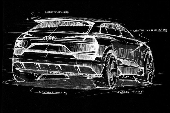 The cabin of the Audi e-tron quattro concept tapers strongly toward the rear end, approaching the idealized shape of an aerodynamically optimized droplet.